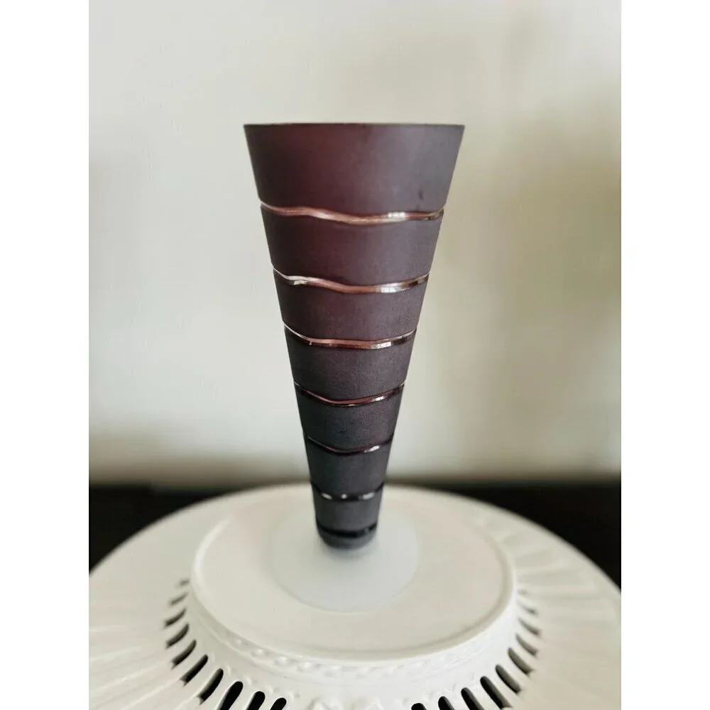 Vintage SASAKI VASE Purple Brown Frosted Cut to Clear Crystal Handmade 10